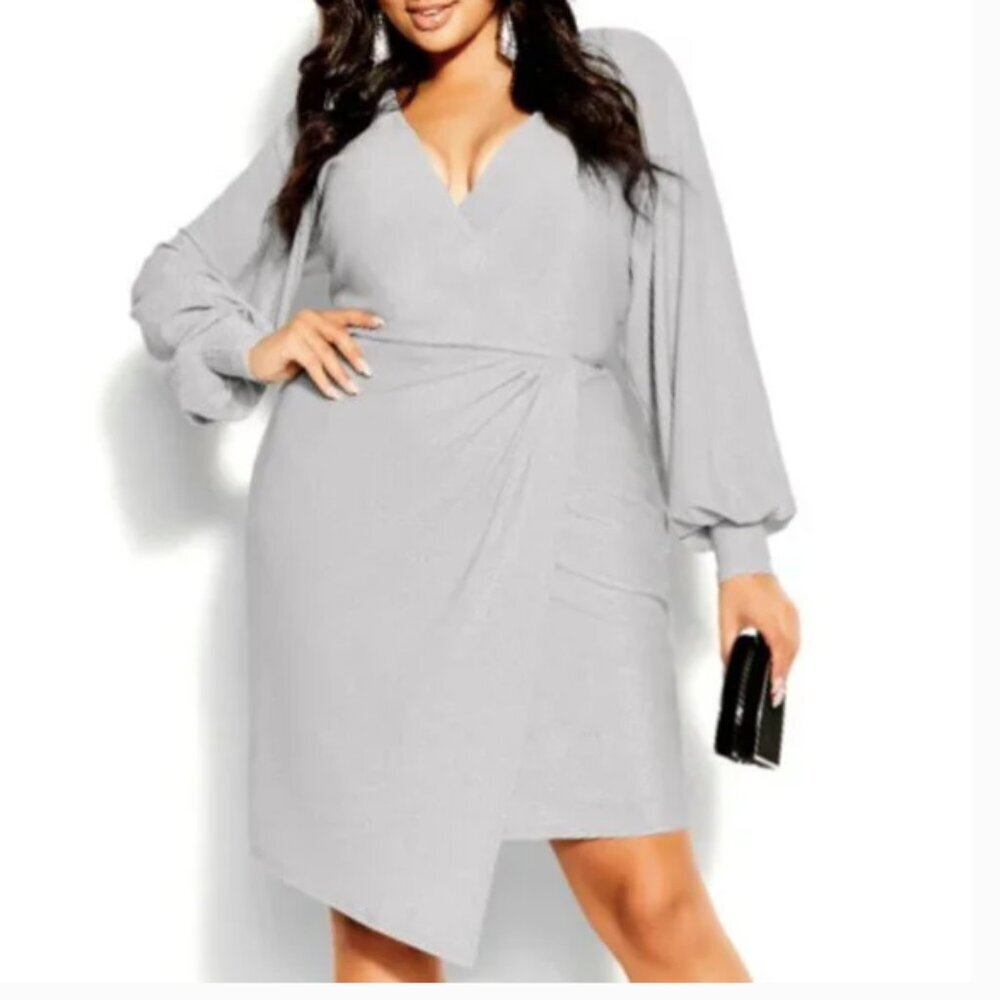 NWT City Chic Party Light Metallic Silver Faux Wrap Dress Stretch - Picture 2 of 11